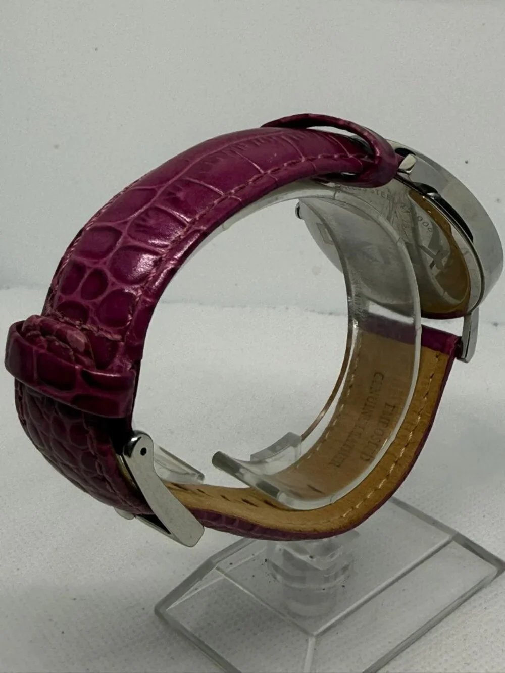 DKNY NY-8072 Ladies Watch Silver-Tone Dial Purple Crocodile Leather Strap